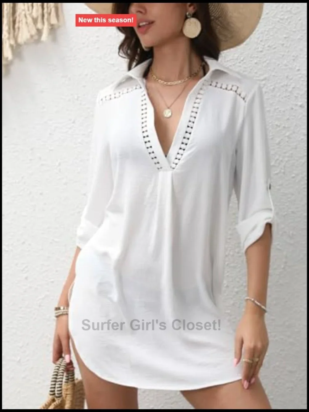 Long Sleeve V-Neck Beach Cover Up Shirt Dress Casual Summer